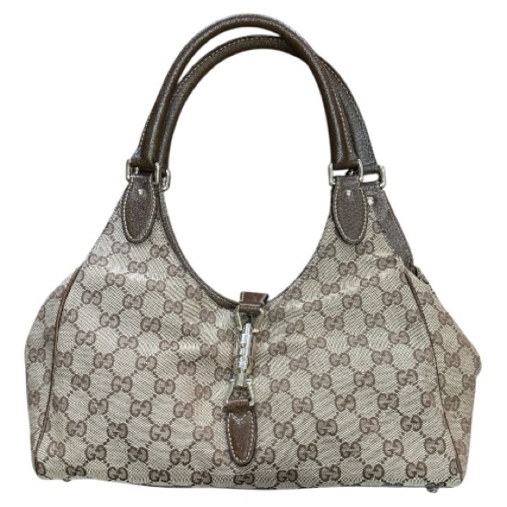 GUCCI Vintage Jackie Canvas Monogram Calfskin Bardot Tote in Brown Tan